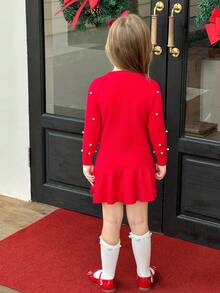 Elladie kids 少女红色串珠圆领鱼尾针织连衣裙，散发优雅高贵气质。适合圣诞庆典、秋冬穿着、派对和拍照。