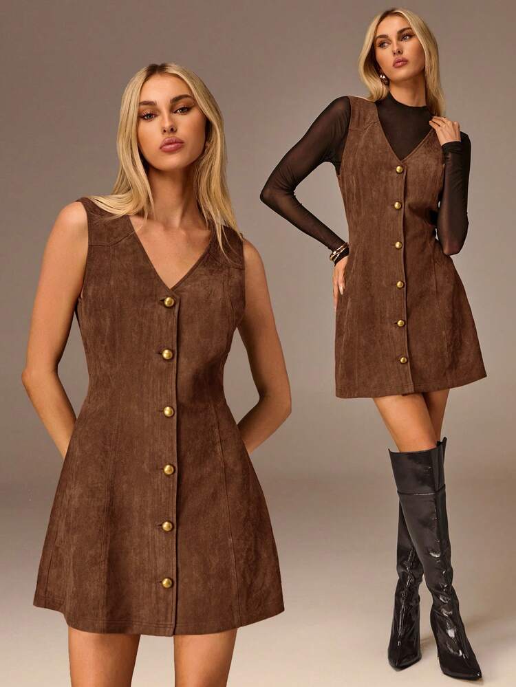 brown suede dress forever 21 SHEIN Women's Solid Color V-Neck Single-Breasted Casual Sleeveless Mini Size:44 ( for 48-49 inch waist ) +€6