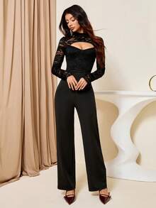 Lyxana Women's Lace Patchwork Hollow Out Slim Fit Straight Leg Jumpsuit - Black - View 4