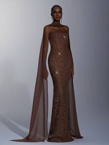 Elitara Elegant Minimalist Wasteland Style Crochet Sequin Asymmetrical Arc Bustier Luxurious Handmade Beaded High Waist Slim Fit Straight Skirt With Back Slit (Detachable Chiffon Flounce), Suitable For Various Formal Occasions Such As Evening Gowns, Dates, Weddings (Heavy Embellishment) - Coffee Brown - View 8