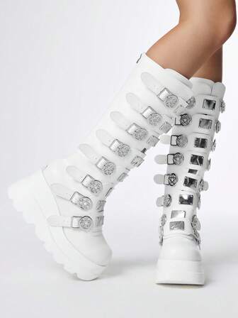 Grunge Punk Botas altas de mujer de plataforma de puntera redonda blanca con cordones estilo gótico punk, con hebilla de estrella de cinco puntas con remaches
