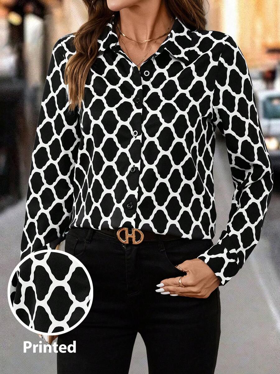 SHEIN Clasi Áo khoác cardigan dài tay họa tiết hình học đen trắng dành cho nữ, thanh lịch để mặc hàng ngày và đi làm, mùa thu/đông - Đen và trắng - Xem 1
