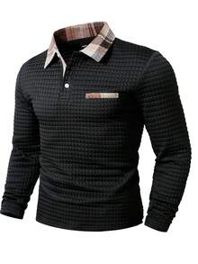 Calvornis Men's Casual Everyday Plaid Patchwork Long Sleeve Polo Shirt, Autumn Polo Shirt For Men - Black - View 3