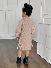 Young Girl Solid Stand Collar Fitted Casual Sweater Dress - Khaki - View 4