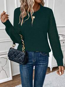 SHEIN PETITE Damen einfarbiger Rundhals Langarm Lässig Loose Strickpullover, Herbst/Winter