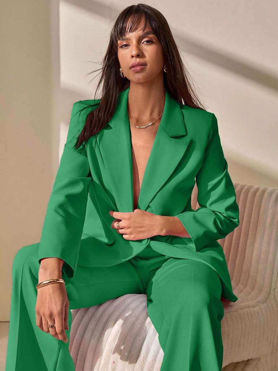 CLARA VERO Blazer With Single Button Closure And Flap Pockets, Paired With Matching High-Waist Trousers, Elegant Two Pieces Suit Set - Green - View 1