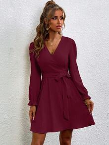 SHEIN Clasi Dried Rose Wrap-Style Romantic Sexy V-Neck Dress - Burgundy - View 3