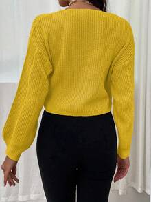 SHEIN Unity Sweater Pullover Wanita Kasual Warna Polos Leher V Lipit Bahu Jatuh - Kuning - View 2