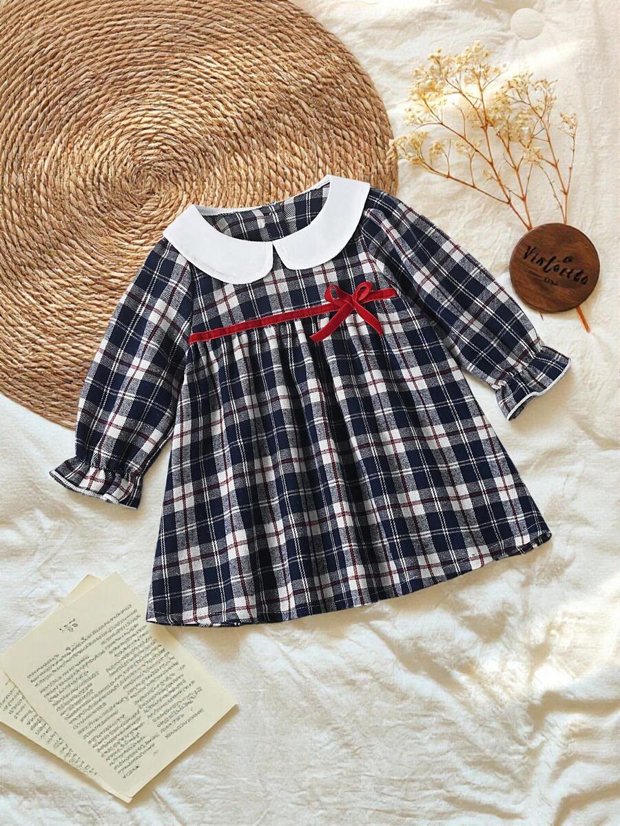 Vintaside Kids 女婴秋季红黑格子甜美翻领长袖连衣裙，适合外出、聚会、派对和休闲穿着 - 彩色 - 查看 1
