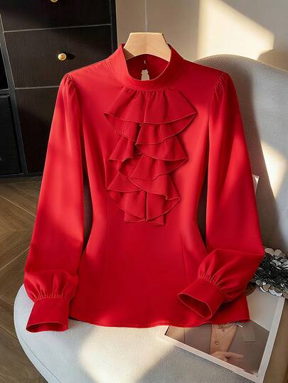 Franclia Blusa elegante de manga larga color rojo para mujer, adecuada para fiestas, banquetes, citas, Año Nuevo y uso diario