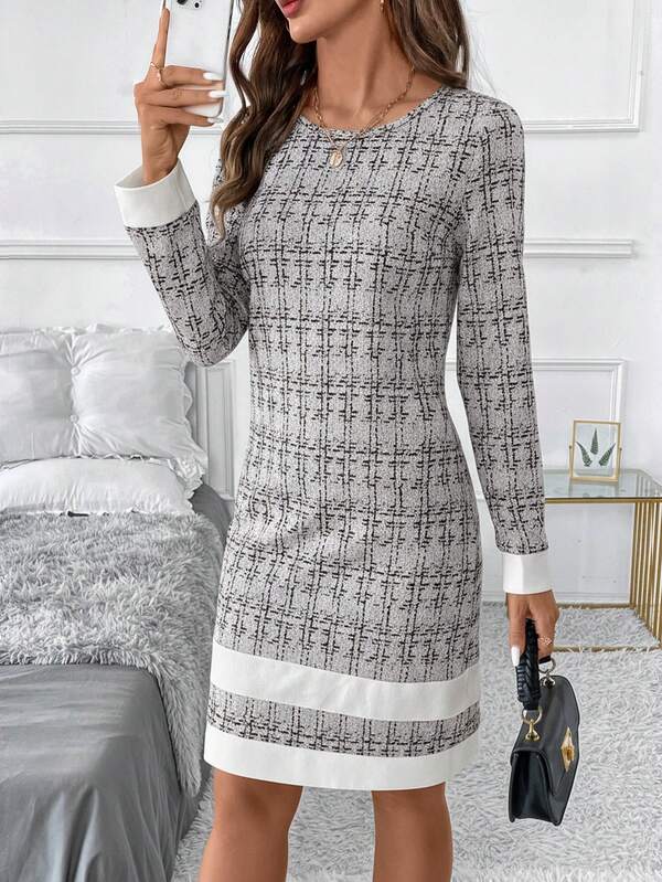 SHEIN Clasi Women's Elegant Knit Colorblock Plaid Round Neck Long Sleeve Versatile Fashion Dress