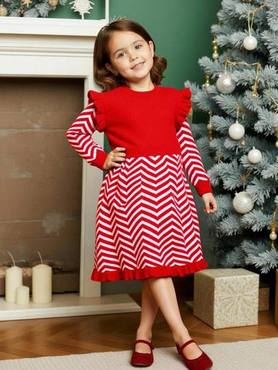 女童优雅荷叶边下摆圆领长袖连衣裙，红白拼色，时尚有型，秋冬