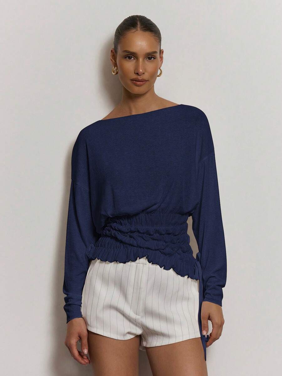 MUSERA Blusa con scollo a barca, corpetto arricciato, maniche lunghe, elegante e casual, adatta per l'ufficio, l'estate, le vacanze e le festività come l'autunno, l'inverno e il Natale