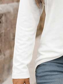 EMERY ROSE Casual Plus Size Loose Fit Half Zip Round Neck Long Sleeve T-Shirt - White - View 4