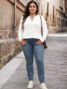 EMERY ROSE Casual Plus Size Loose Fit Half Zip Round Neck Long Sleeve T-Shirt - White - View 7