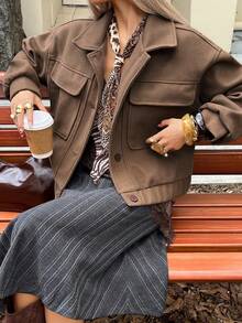 Livesso Women's Casual Large Pocket Lapel Jacket, Autumn