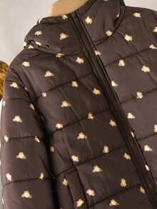 CosyJoli Große Größen Lässiger Kapuzen-Baumwoll-Steppmantel mit Blume Muster - Kaffeebraun - Übersicht 8