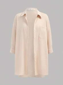 SHEIN Girlism 3 件套青少年女孩休闲白色吊带背心、短裤和衬衫 - 卡其色 - 查看 10