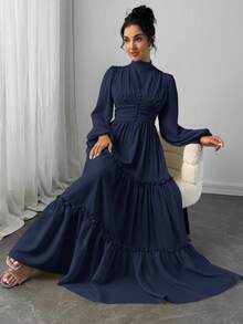 Veilorie Women's Elegant Commuter Solid Color Lantern Sleeve Dress - Royal Blue - View 6