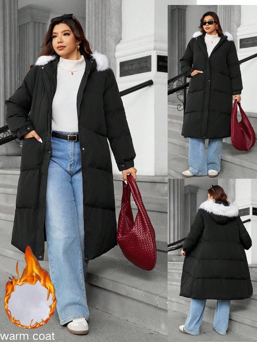 Easura Plus Size Long Sleeve Hooded + Detachable Fur Collar Long Padded Coat - Black - View 1