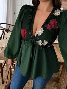 Weeklong Áo kiểu chữ A họa tiết trơn màu thêu cổ chữ V dáng rộng cho nữ cỡ lớn - Màu xanh lá cây đậm - Xem 3