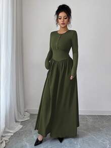 Rafferiza 女式纯色圆领针织拼接褶边长袖半开襟连衣裙 - 軍綠色 - 查看 4