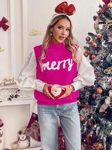 SHEIN LUNE Red Sleeveless Letter Embroidered Sweater Vest For Women For New Year Clothes - Hot Pink - View 5
