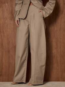 MUSERA Extreme Wide Leg Pleated Suit Co-Ord Trousers Only Cute Date Night Going Out  Night Out Work Office Clean Cut  Party Elegant Valentines Day Spring - Khaki - View 2