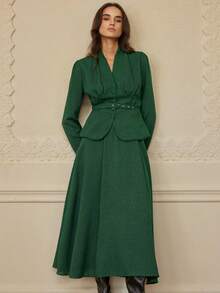 Aveloria Rosie 2pcs/Set Elegant French Style V-Neck Cinched Waist Tweed Fabric Fitted Puff Sleeve Top And Long Skirt - Green - View 2