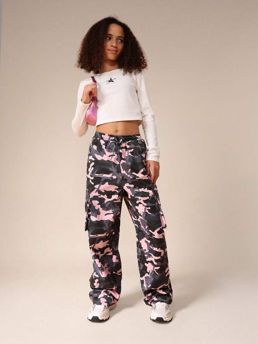 SUMWON Pink Camo Crop Top And Baggy Joggers Co-Ord Set Long Sleeve Elastic Waist Casual Two Piece Outfit