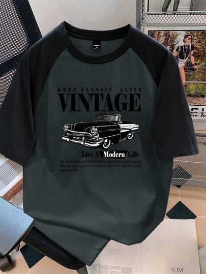 Manfinity Joysei 男士加大码撞色插肩袖汽车标志印花T恤