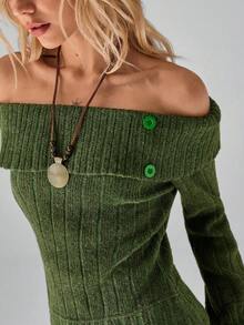 SHEIN TRNDY 1pc Women's Green Sweater, Vintage Button Design Off Shoulder, Contrast Color Flare Sleeve, Textured Elastic Long Sleeve Casual Pullover For Autumn/Winter - Green - View 8