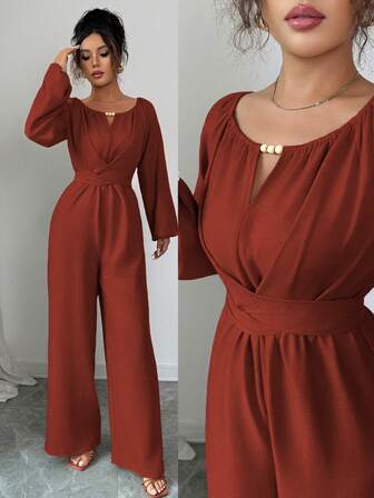 Rafferiza 女士优雅通勤木珠装饰圆领扭腰长袖阔腿连体裤