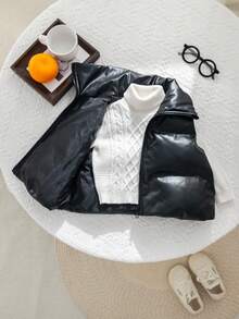 SHEIN Black Solid Color Casual Warm Thick Vest Jacket For Young Girls And Girls, Suitable For Autumn And Winter Wear. Matching Parent-Child Vest Jacket, Thick Jacket, Fashionable And Cutting-Edge Design, Suitable For Both Indoor And Outdoor Wear. Simple Style, Suitable For Everyday Wear, Sports, Play, Parties, Photo Shoots, Vacations, And Holidays.
