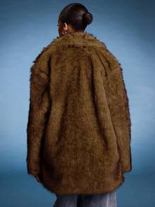 Normani Lapel Neck Long Sleeve Open Front Fuzzy Coat For Winter - Coffee Brown - View 2