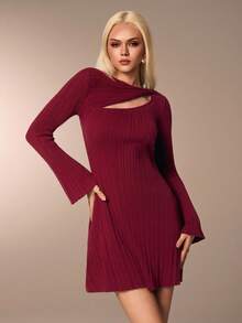 Avantive Women's Elegant Commuter Solid Color Hollow Out Flare Sleeve Knit Dress