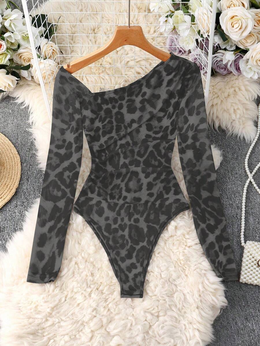 Franclia Body de manga larga con hombros transparentes y estampado de leopardo para mujer - Gris - Ver 1