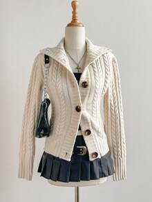 Sweetra Y2K 风格罗纹针织开衫，有领，修身，通勤百搭，秋冬 - 白色 - 查看 1