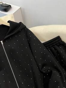 GlowEve Women's Fashion Casual Rhinestone Zipper Hoodie & Pants 2 Pieces Set, Zip-Up Loose Long Sleeve Jacket And Elastic Waist Straight Leg Sweatpants - Black - View 4