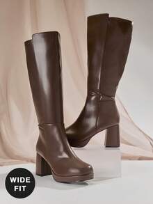 SHUZIA Sepatu Bot Setinggi Lutut Platform Ujung Persegi Nyaman Glamor untuk Wanita dengan Betis Lebar dan Resleting Dalam, Cocok untuk Natal - Coffee Brown - View 7