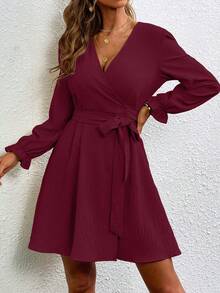 SHEIN Clasi Dried Rose Wrap-Style Romantic Sexy V-Neck Dress - Burgundy - View 4