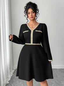 Elenzga Plus Size Women's Black And Gold Elegant Artistic Dress,Autumn Versatile Office Commuter Dress For Graduation,Holidays,Music Festivals,Parties,Dates - Black - View 5