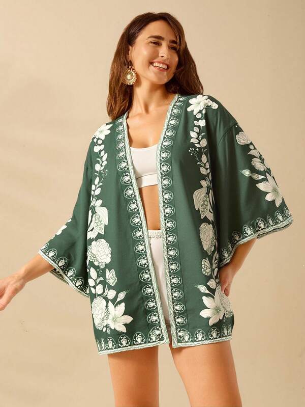 CAJUNI Women's Floral Print Loose Casual Vacation Kimono Cover Up