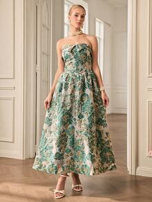 Aveloria Rosie 复古绿色和金色提花面料褶皱腰喇叭下摆连衣裙，高端礼服 - 綠色 - 查看 3