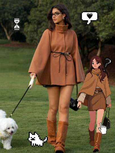 Chiquease 女士秋冬宽松蝙蝠袖棕色纯色腰带装饰收腰大衣上衣，宽松长袖时尚简约女式外套，适合日常穿着、上学、毕业典礼、复古街头风、通勤、休闲、运动、居家等场合。