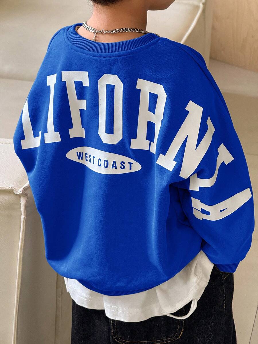 SHEIN Little Byeori 1 件年轻男孩休闲学院风舒适时尚简约宽松实用百搭大字母图案厚运动衫,适合日常穿着、上学、郊游、运动、秋冬 - 寶藍色 - 查看 1