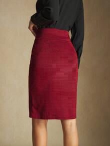 BizChic Falda de punto de pata de gallo burdeos para mujer, uso casual de oficina para viajes urbanos, elegante para fiestas de Navidad y celebraciones de Año Nuevo - Rojo - Ver 3