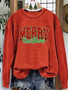 SHEIN LUNE Casual Minimalist Printed Pattern Crew Neck Loose Fit Thick Sweatshirt For Women, Suitable For Autumn/Winter, Red, Merry Christmas Graphic