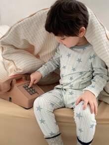 DAZY 2 pezzi Set pigiama per bimbi piccoli con maglietta a maniche lunghe a righe e stampa stelle e pantaloni a righe