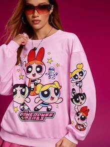 THE POWERPUFF GIRLS X SHEIN Damen Lässiger, süßer Blüten-, Blasen-, Butterblumen-Muster Oversized Rundhalsausschnitt Sweatshirt, Herbst